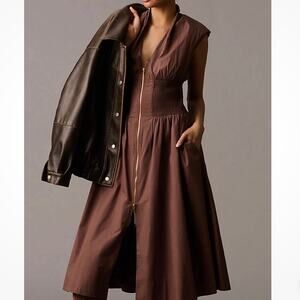 ANTHROPOLOGIE | NWT The Tommie Zip-Front Midi Dress Maeve Brown Medium | XL